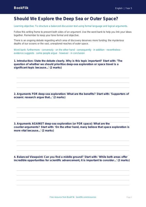 Free Discussion Texts Writing Frame | Year 5 Core | BookFlik worksheet preview — English Discussion Texts