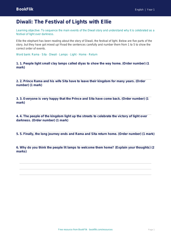 Free Diwali Story Activity Sheet | Year 1 Core | BookFlik worksheet preview — English Diwali Story