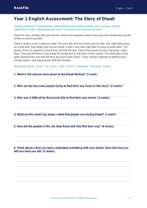 Free Diwali Story Assessment | Year 1 Core | BookFlik worksheet preview — English Diwali Story