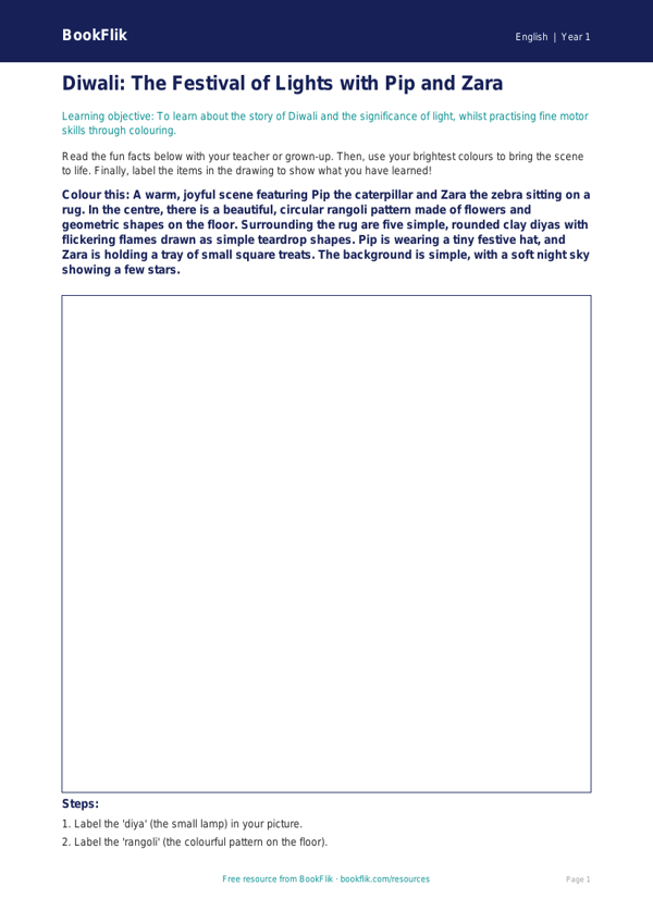 Free Diwali Story Colouring Page | Year 1 Core | BookFlik worksheet preview — English Diwali Story