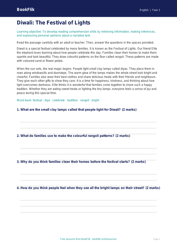Free Diwali Story Comprehension | Year 1 Core | BookFlik worksheet preview — English Diwali Story