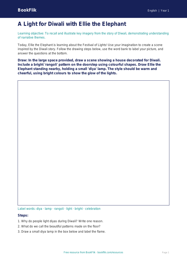 Free Diwali Story Drawing Sheet | Year 1 Core | BookFlik worksheet preview — English Diwali Story