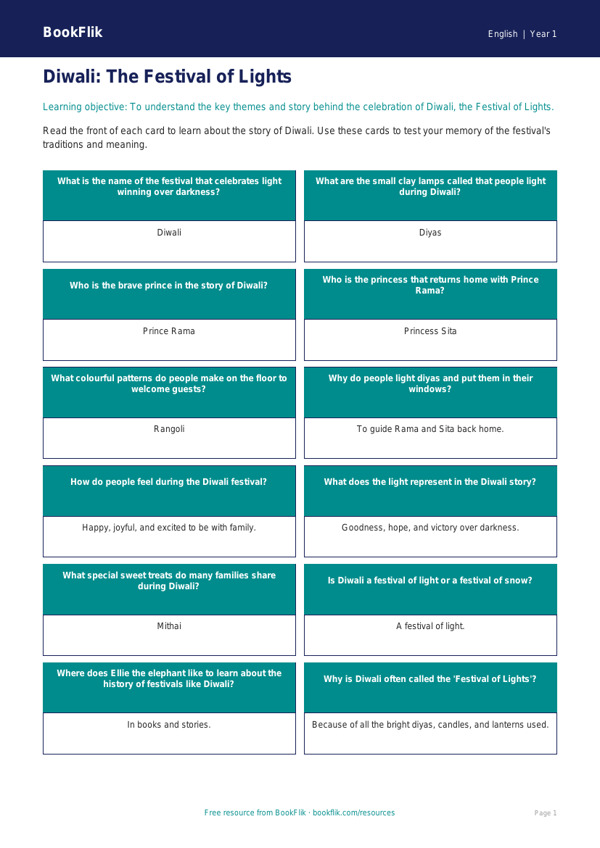 Free Diwali Story Flashcards | Year 1 Core | BookFlik worksheet preview — English Diwali Story