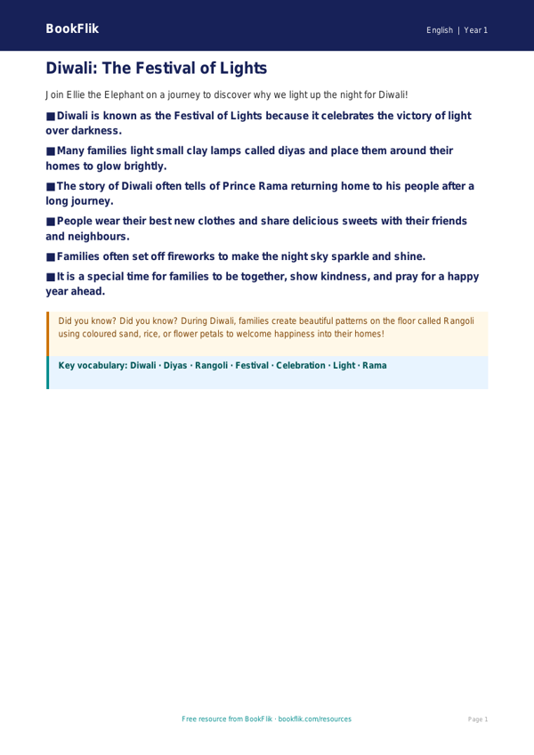 Free Diwali Story Poster | Year 1 Core | BookFlik worksheet preview — English Diwali Story