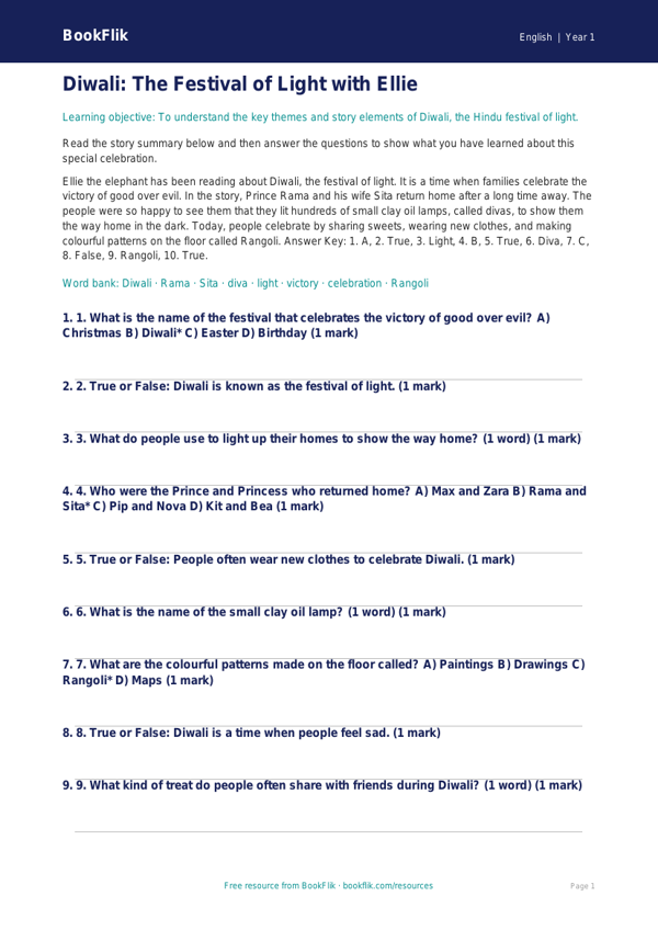 Free Diwali Story Quiz | Year 1 Core | BookFlik worksheet preview — English Diwali Story
