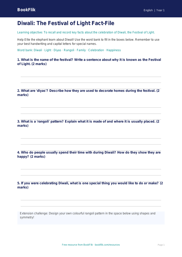 Free Diwali Story Template | Year 1 Core | BookFlik worksheet preview — English Diwali Story