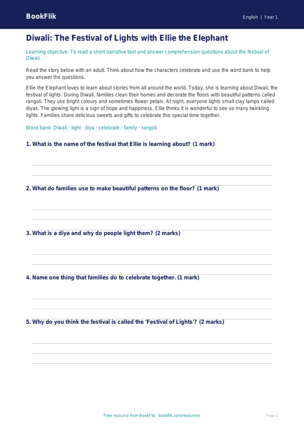 Free Diwali Story Track Sheet | Year 1 Core | BookFlik worksheet preview — English Diwali Story