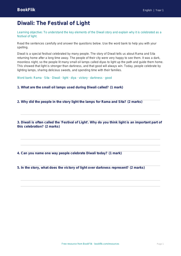 Free Diwali Story Worksheet | Year 1 Core | BookFlik worksheet preview — English Diwali Story