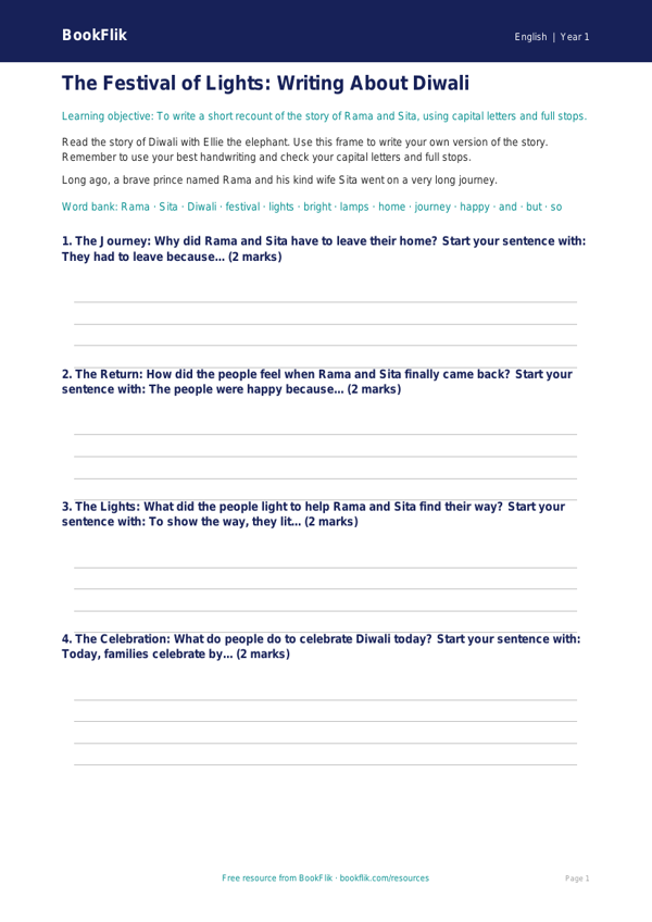 Free Diwali Story Writing Frame | Year 1 Core | BookFlik worksheet preview — English Diwali Story