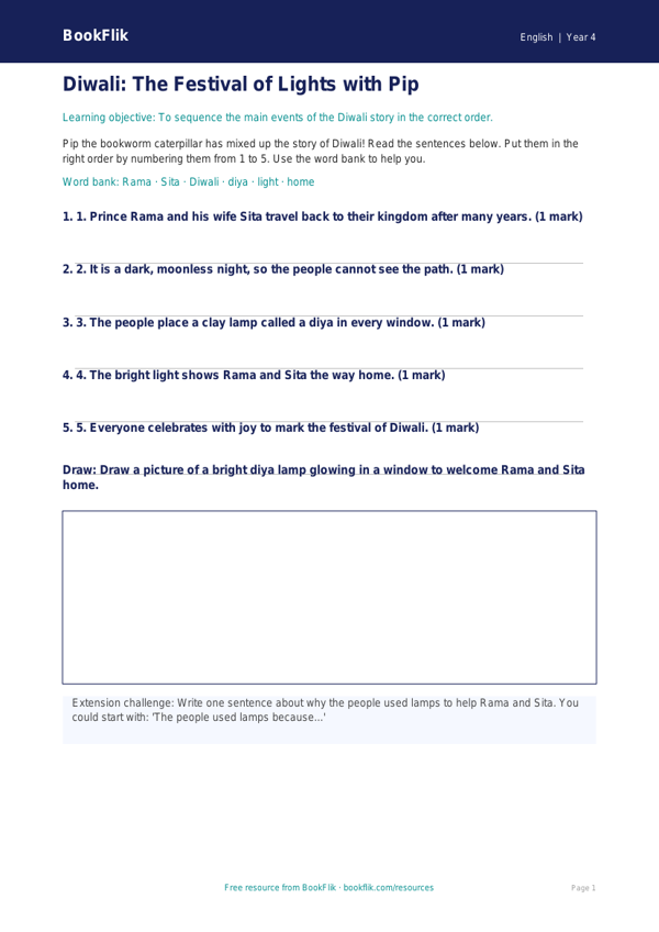 Free Diwali Story Activity Sheet | Year 4 Supported | BookFlik worksheet preview — English Diwali Story