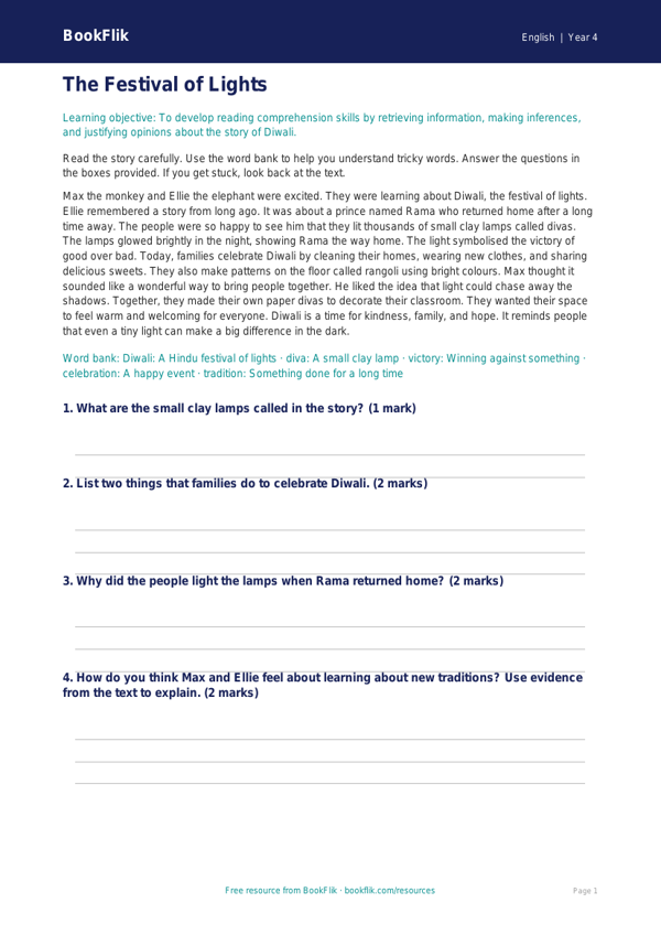 Free Diwali Story Comprehension | Year 4 Supported | BookFlik worksheet preview — English Diwali Story