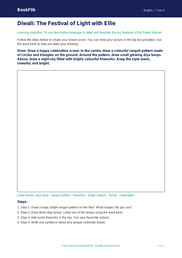 Free Diwali Story Drawing Sheet | Year 4 Supported | BookFlik worksheet preview — English Diwali Story