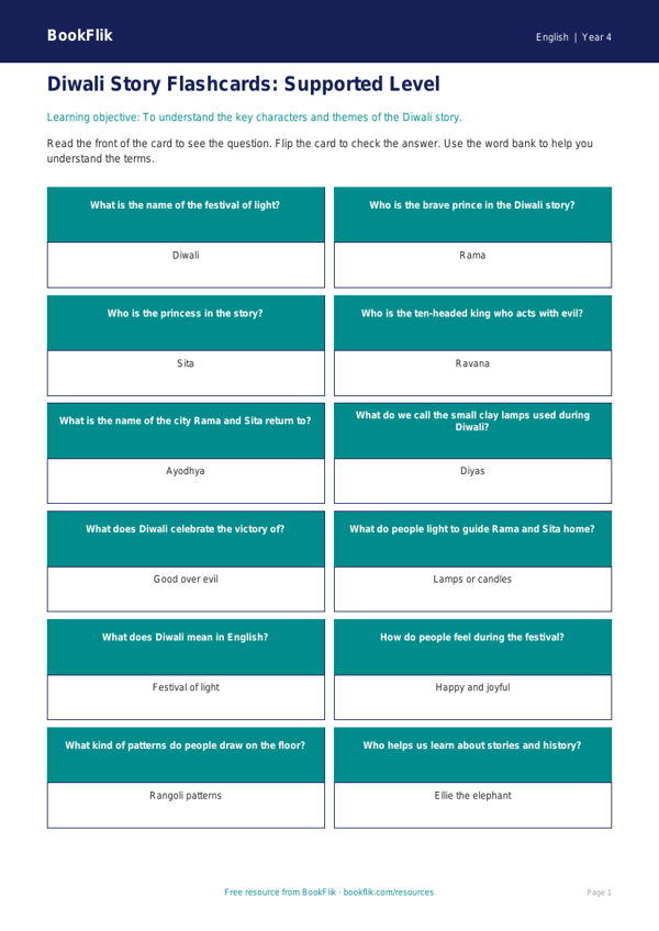 Free Diwali Story Flashcards | Year 4 Supported | BookFlik worksheet preview — English Diwali Story