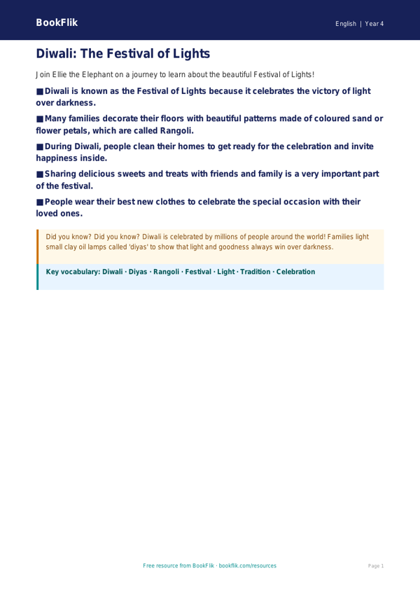 Free Diwali Story Poster | Year 4 Supported | BookFlik worksheet preview — English Diwali Story