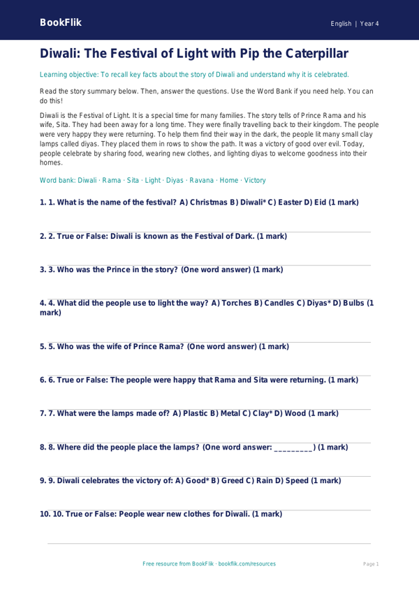 Free Diwali Story Quiz | Year 4 Supported | BookFlik worksheet preview — English Diwali Story