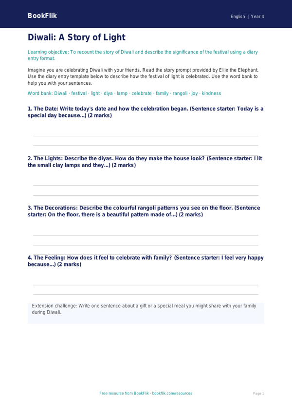 Free Diwali Story Template | Year 4 Supported | BookFlik worksheet preview — English Diwali Story