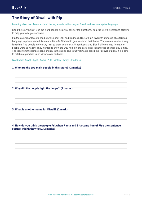Free Diwali Story Track Sheet | Year 4 Supported | BookFlik worksheet preview — English Diwali Story