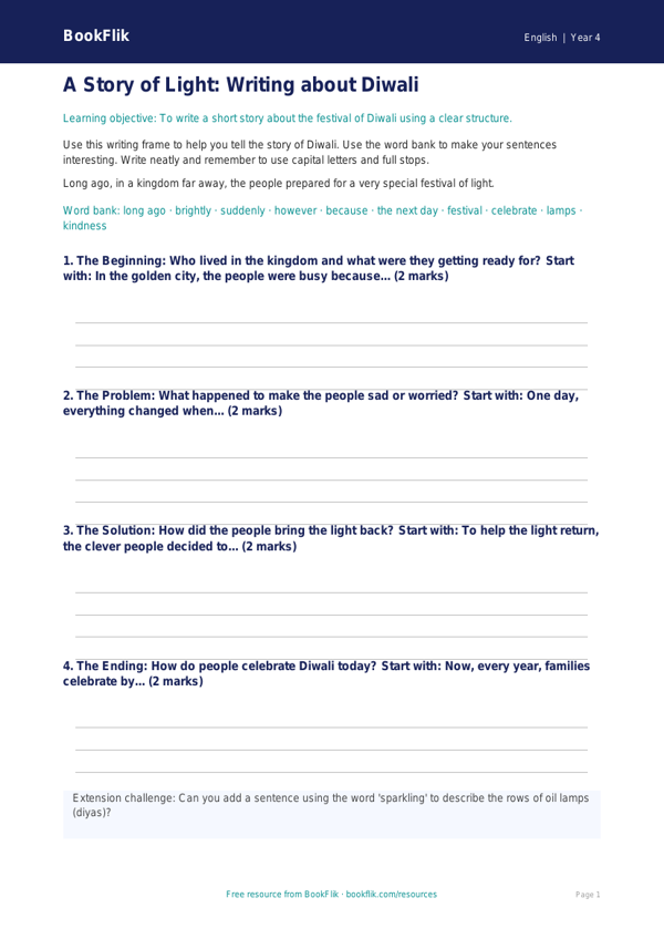 Free Diwali Story Writing Frame | Year 4 Supported | BookFlik worksheet preview — English Diwali Story