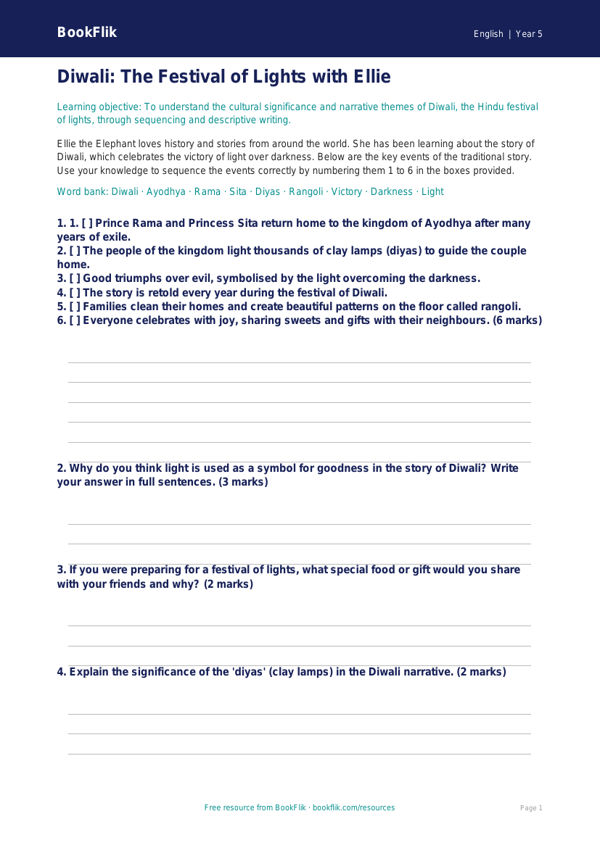 Free Diwali Story Activity Sheet | Year 5 Core | BookFlik worksheet preview — English Diwali Story