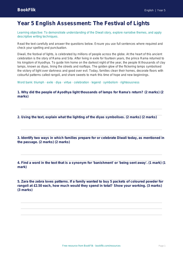 Free Diwali Story Assessment | Year 5 Core | BookFlik worksheet preview — English Diwali Story