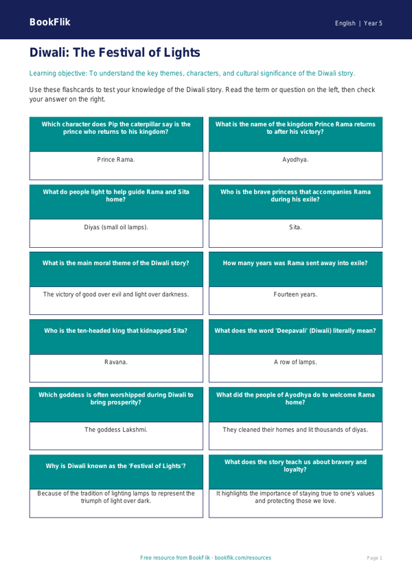Free Diwali Story Flashcards | Year 5 Core | BookFlik worksheet preview — English Diwali Story