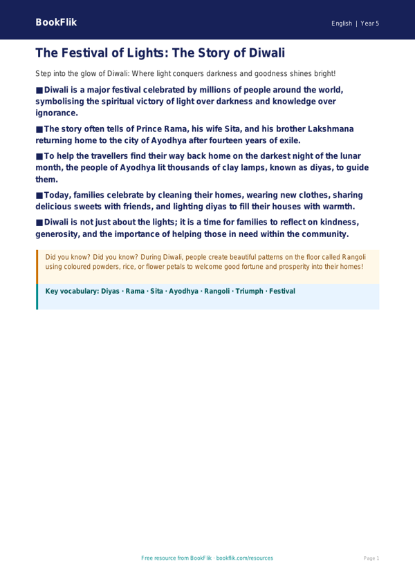 Free Diwali Story Poster | Year 5 Core | BookFlik worksheet preview — English Diwali Story