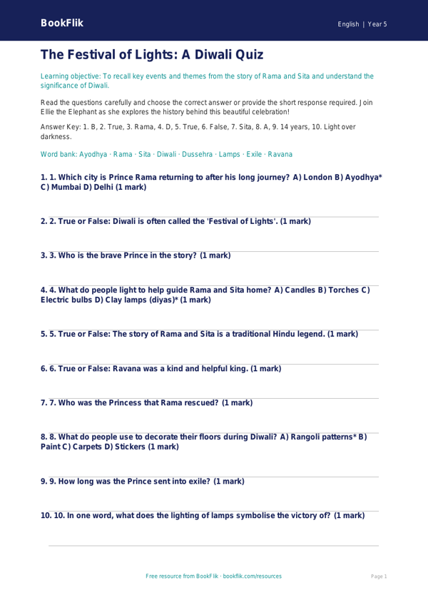 Free Diwali Story Quiz | Year 5 Core | BookFlik worksheet preview — English Diwali Story