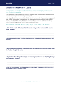 Free Diwali Story Worksheet | Year 5 Core | BookFlik