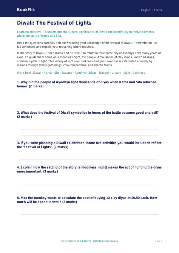 Free Diwali Story Worksheet | Year 5 Core | BookFlik worksheet preview — English Diwali Story