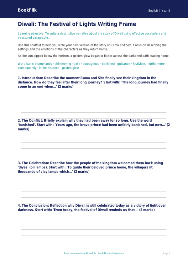 Free Diwali Story Writing Frame | Year 5 Core | BookFlik worksheet preview — English Diwali Story
