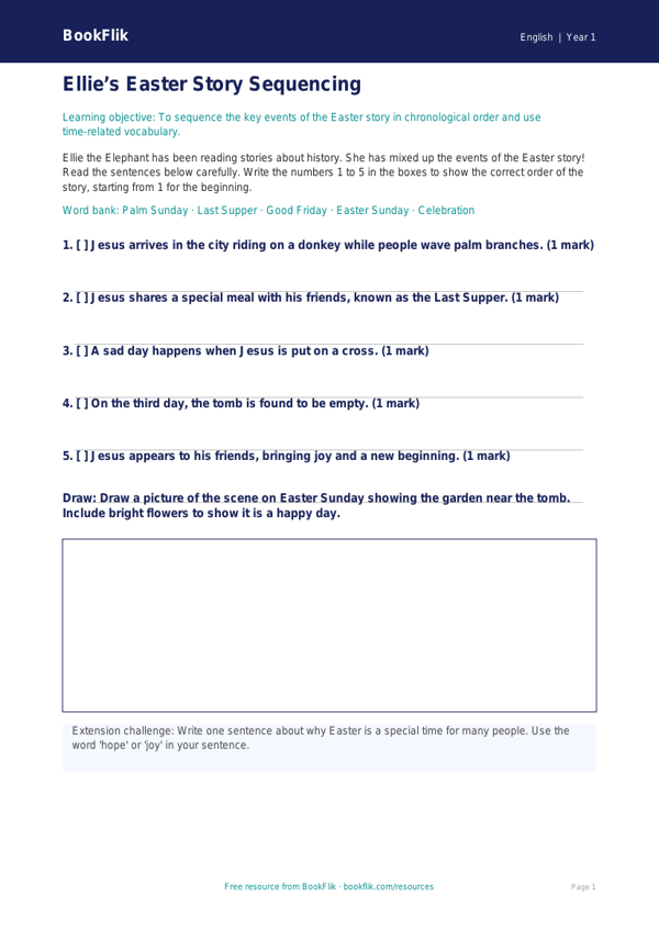 Free Easter Story Activity Sheet | Year 1 Core | BookFlik worksheet preview — English Easter Story