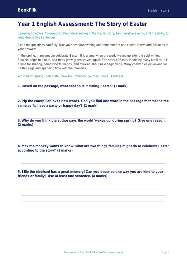Free Easter Story Assessment | Year 1 Core | BookFlik worksheet preview — English Easter Story
