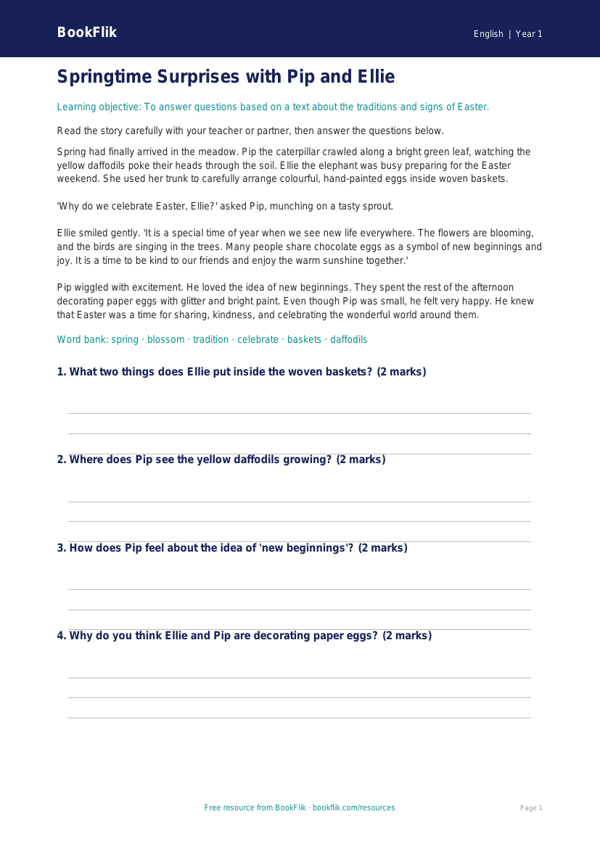 Free Easter Story Comprehension | Year 1 Core | BookFlik worksheet preview — English Easter Story