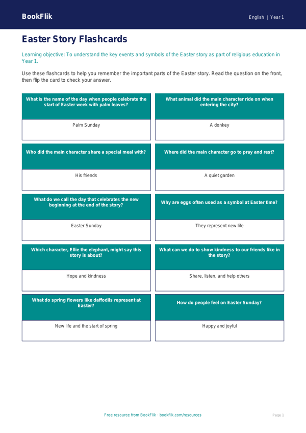 Free Easter Story Flashcards | Year 1 Core | BookFlik worksheet preview — English Easter Story
