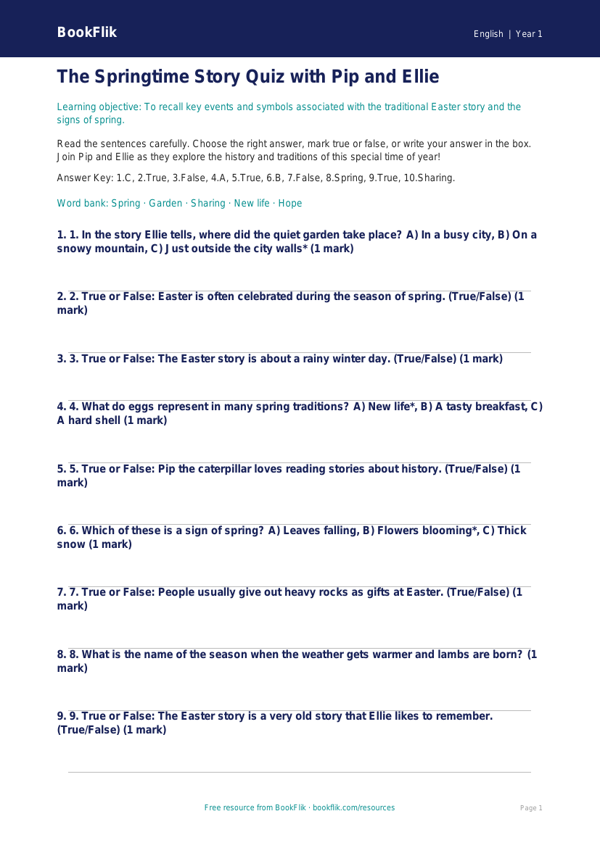 Free Easter Story Quiz | Year 1 Core | BookFlik worksheet preview — English Easter Story
