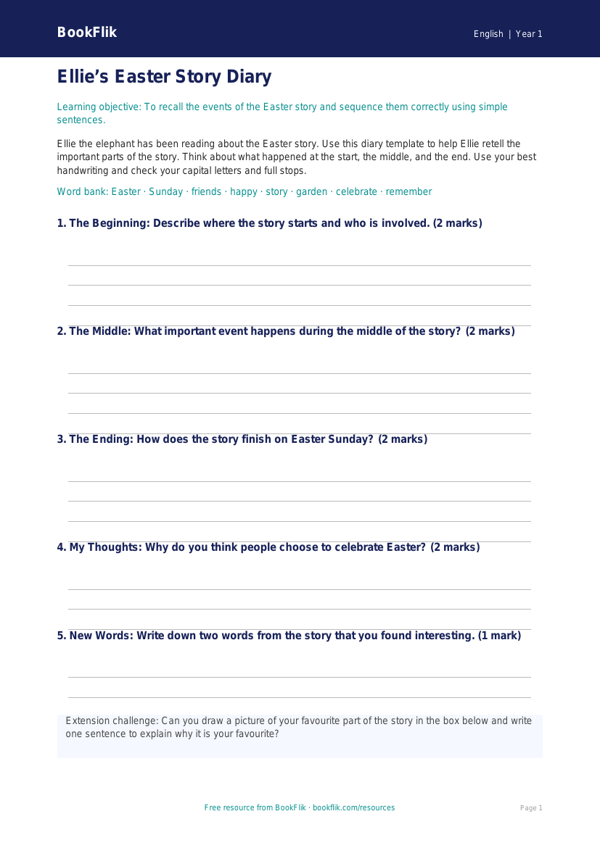 Free Easter Story Template | Year 1 Core | BookFlik worksheet preview — English Easter Story