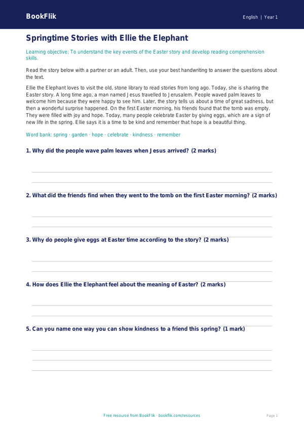 Free Easter Story Track Sheet | Year 1 Core | BookFlik worksheet preview — English Easter Story