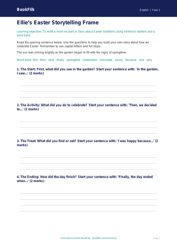 Free Easter Story Writing Frame | Year 1 Core | BookFlik worksheet preview — English Easter Story