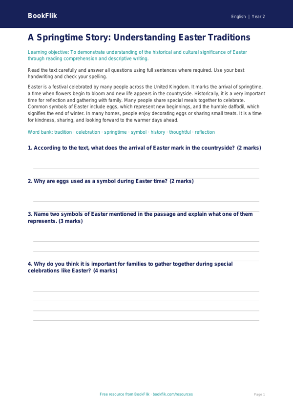 Free Easter Story Assessment | Year 2 Core | BookFlik worksheet preview — English Easter Story