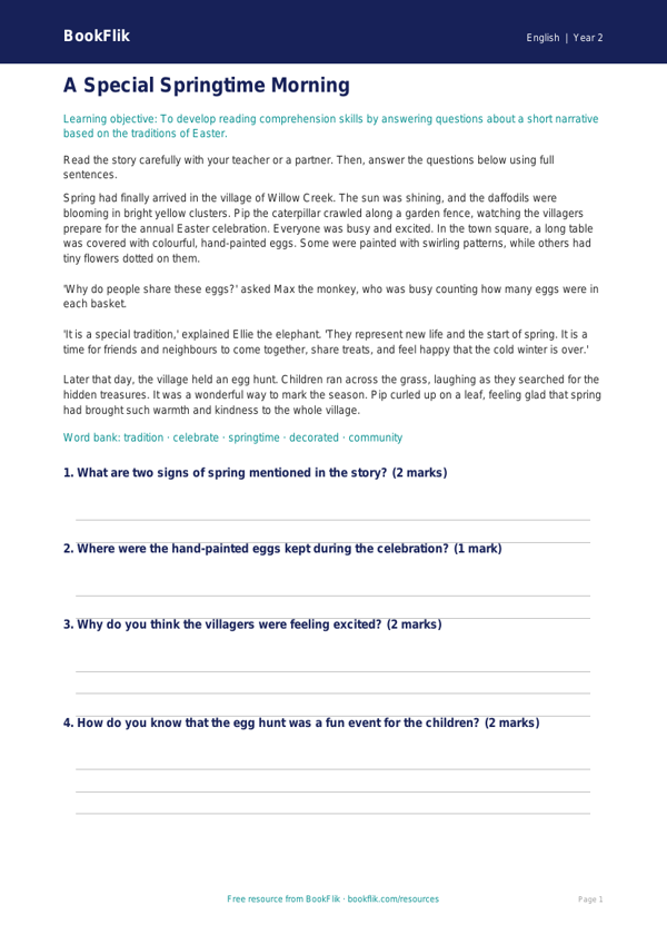 Free Easter Story Comprehension | Year 2 Core | BookFlik worksheet preview — English Easter Story
