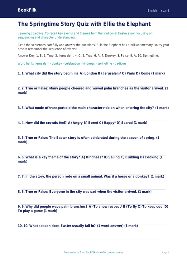 Free Easter Story Quiz | Year 2 Core | BookFlik worksheet preview — English Easter Story