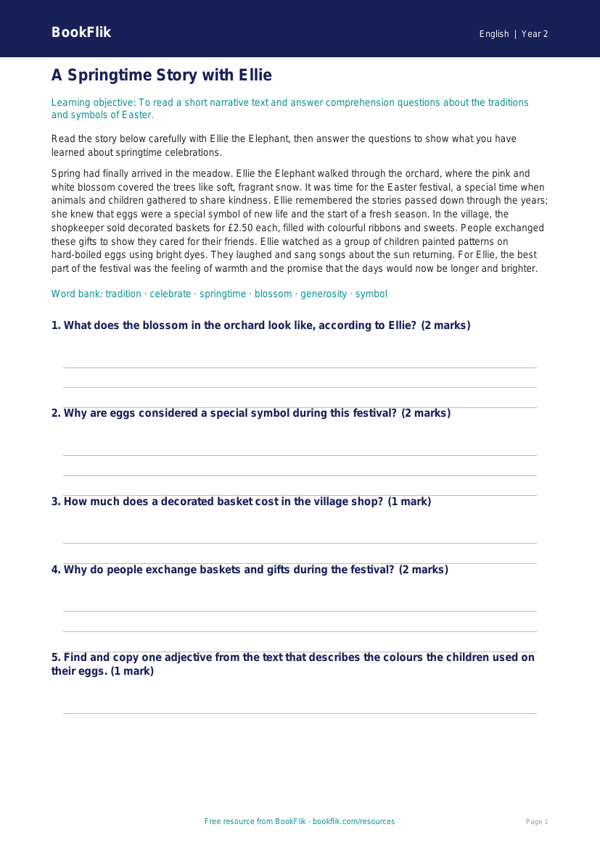 Free Easter Story Track Sheet | Year 2 Core | BookFlik worksheet preview — English Easter Story