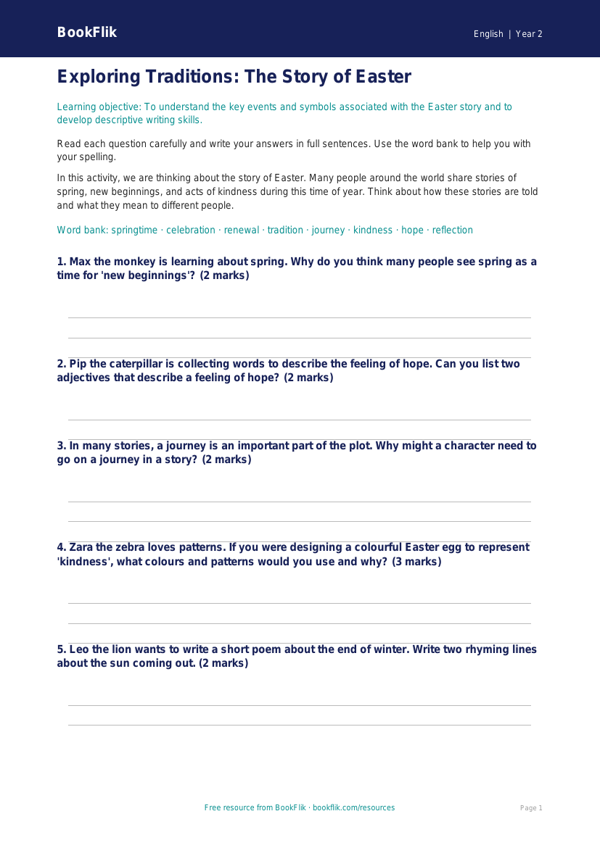 Free Easter Story Worksheet | Year 2 Core | BookFlik worksheet preview — English Easter Story