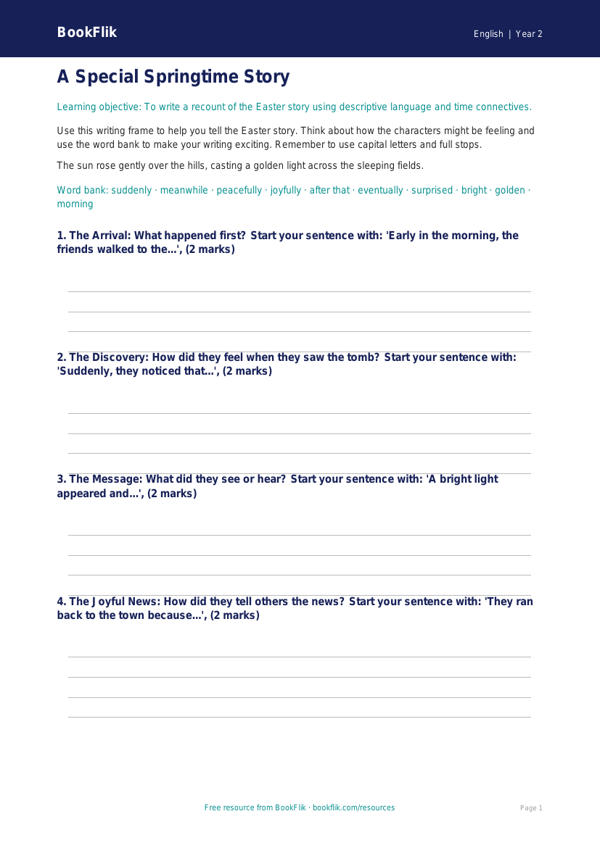 Free Easter Story Writing Frame | Year 2 Core | BookFlik worksheet preview — English Easter Story