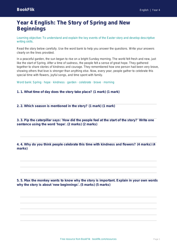 Free Easter Story Assessment | Year 4 Supported | BookFlik worksheet preview — English Easter Story