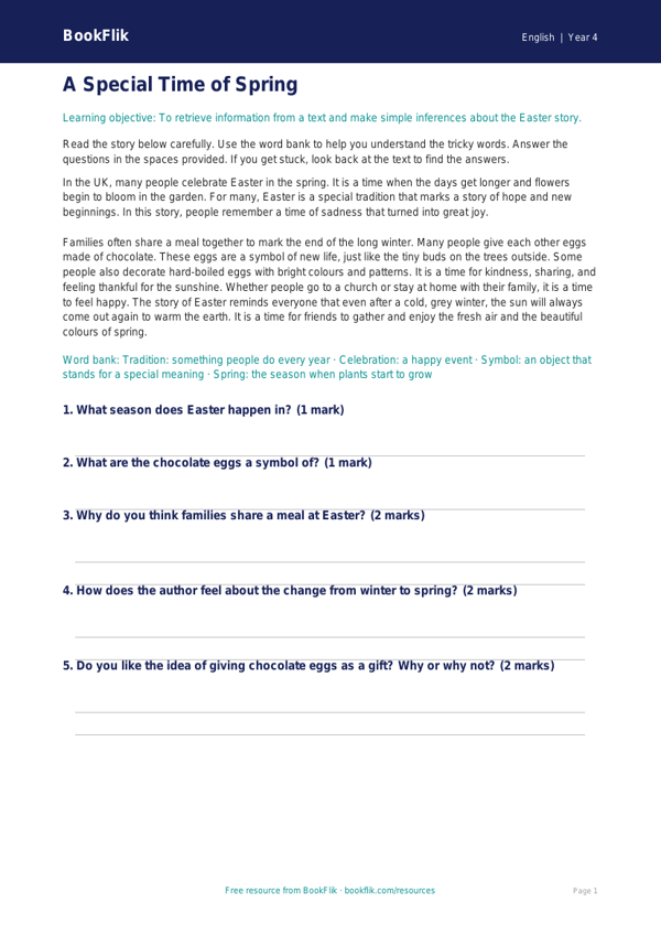 Free Easter Story Comprehension | Year 4 Supported | BookFlik worksheet preview — English Easter Story