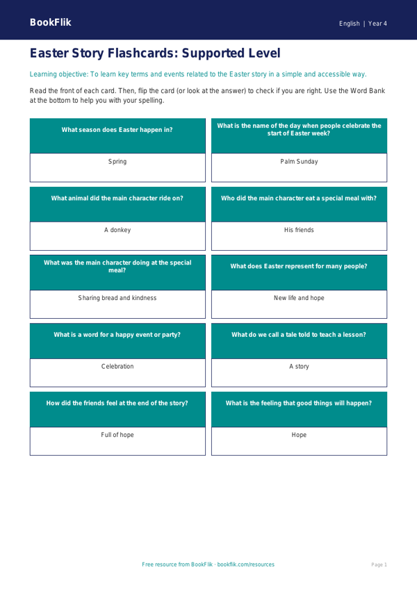 Free Easter Story Flashcards | Year 4 Supported | BookFlik worksheet preview — English Easter Story