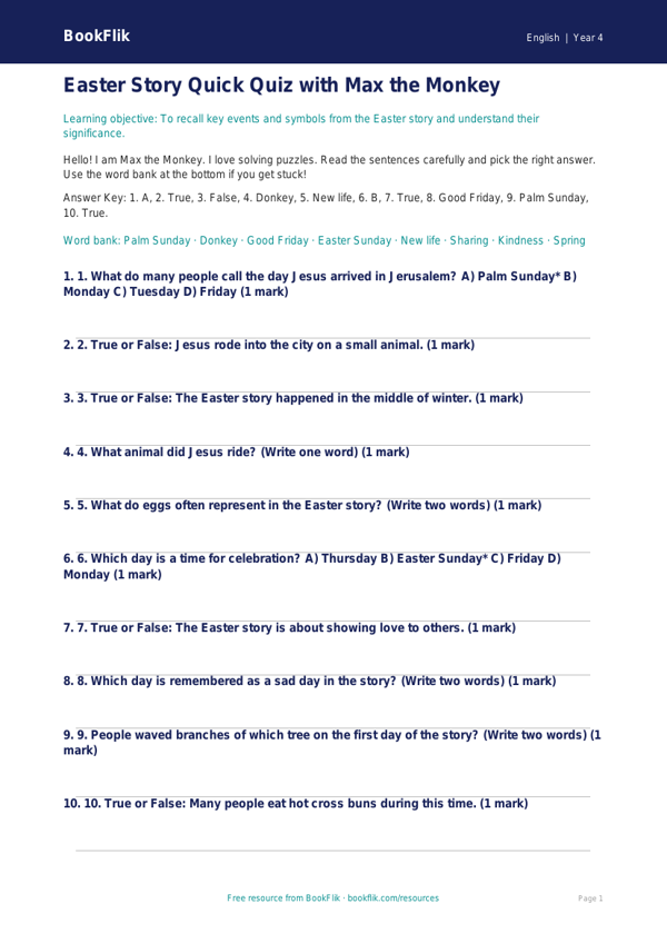 Free Easter Story Quiz | Year 4 Supported | BookFlik worksheet preview — English Easter Story
