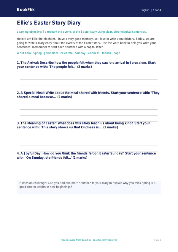 Free Easter Story Template | Year 4 Supported | BookFlik worksheet preview — English Easter Story