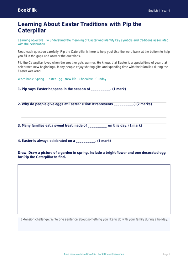 Free Easter Story Worksheet | Year 4 Supported | BookFlik worksheet preview — English Easter Story